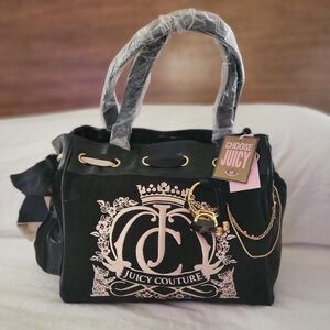 Juicy Couture Black Velvet Tote with Cream Logo and Gold Hardware